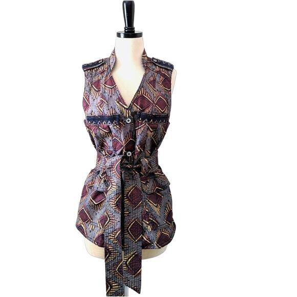 ANTHROPOLOGIE Elevenses Geo Safari Print Vest Tribal Aztec Wrap Tie Waist Small - Picture 1 of 7